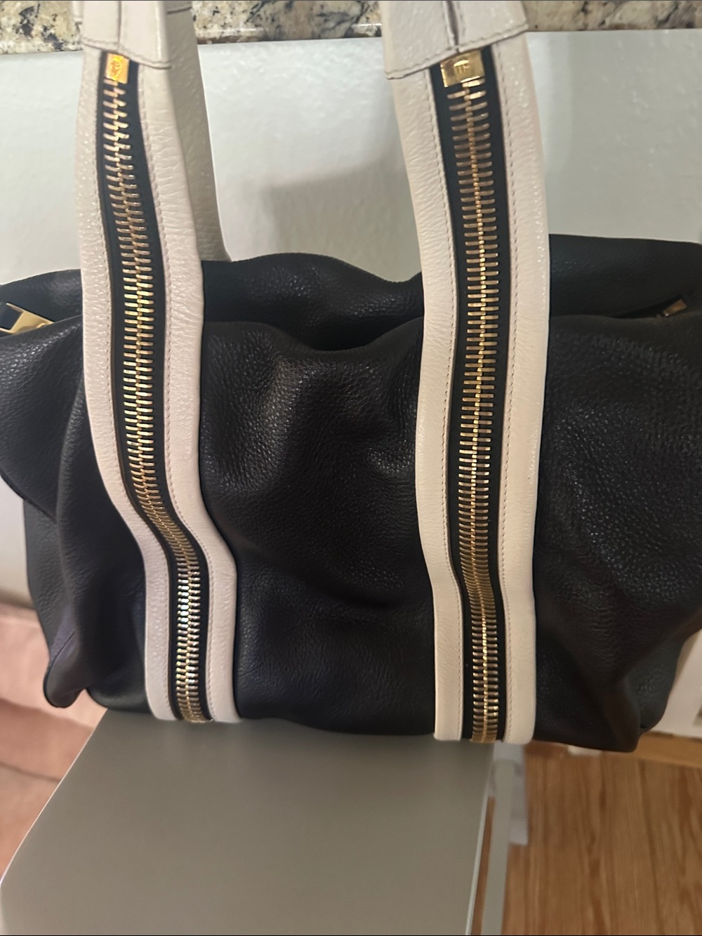 Tom Ford Black Shoulder Bag with Cream Trim and Gold Zippers